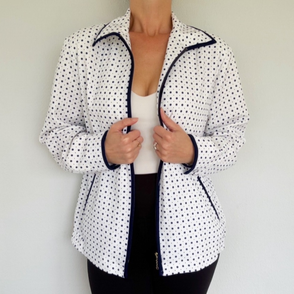 Vintage Allison Daley blue white polka dot full zip lightweight jacket size 8
